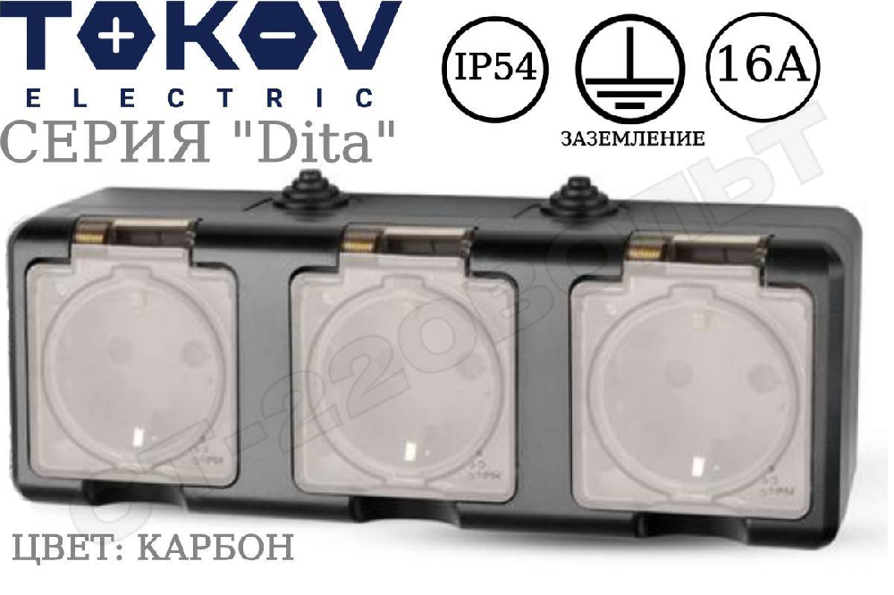 Розетка тройная 3-м IP54 накладная с заземлением Карбон Dita 16А 250В ОП с прозрачной крышкой TOKOV ELECTRIC TKL-DT-R3Z-C14T-IP54