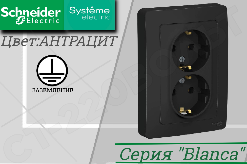 Розетка двойная встраиваемая с заземлением Антрацит СП BLANCA 16А 250В внутренняя Schneider Electric BLNRS001026