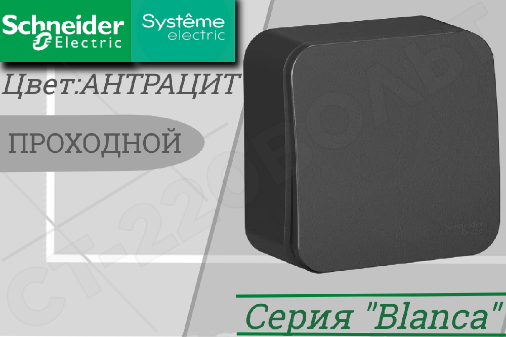 Выключатель переключатель проходной одноклавишный 1-м накладной Антрацит BLANCA 10А ОП IP20 наружный изолированная пластина Schneider Electric BLNVA106016
