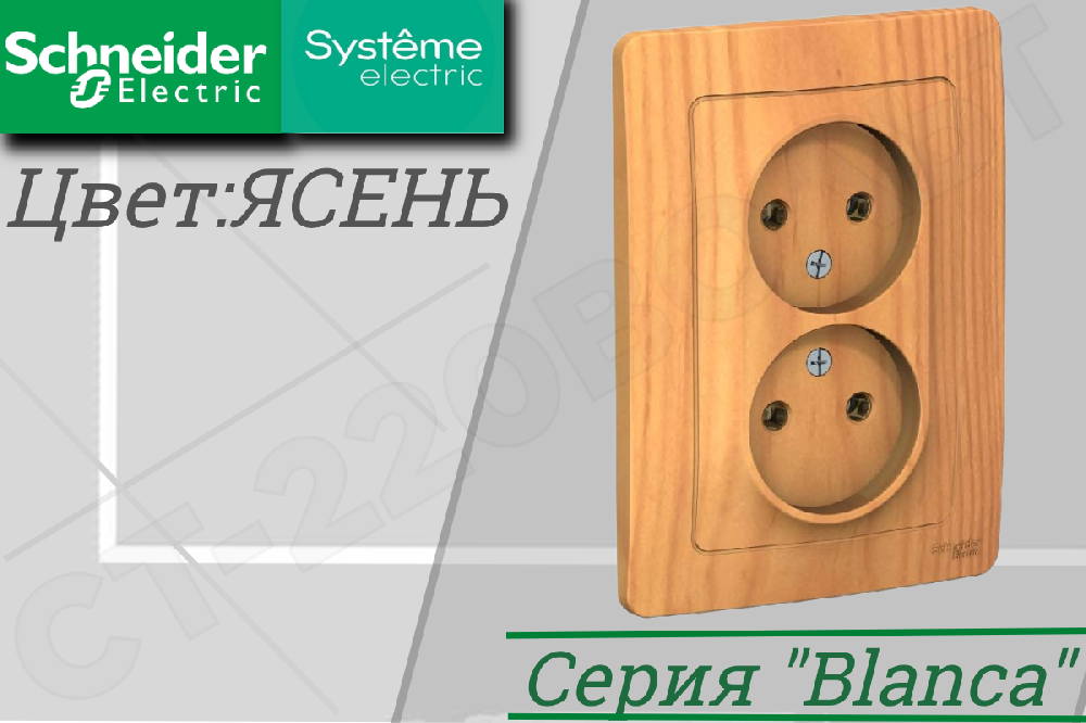 Розетка двойная 2-м встраиваемая дерево Ясень СП BLANCA 16А 250В внутренняя Schneider Electric BLNRS000025