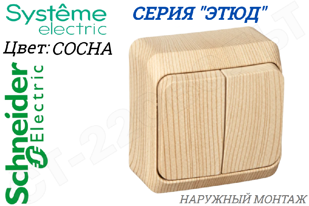 Выключатель 2-кл. ОП Этюд Дача 10А IP20 сосна SchE BA10-002D