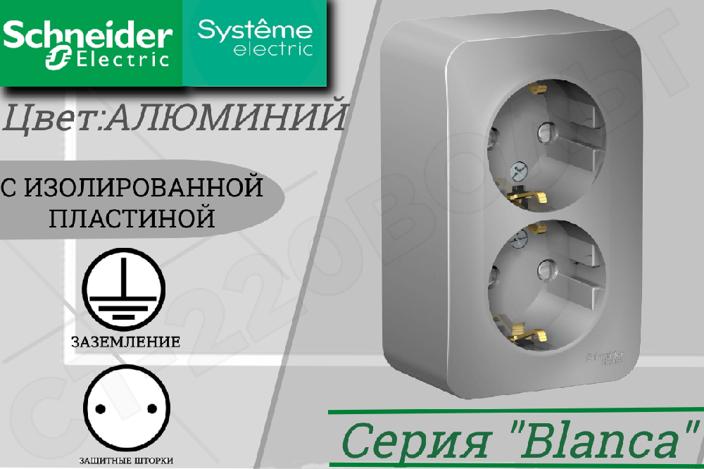 Розетка двойная 2-м накладная с заземлением Алюминий BLANCA защитные шторки 16А 250В ОП изолированная пластина Schneider Electric BLNRA011213