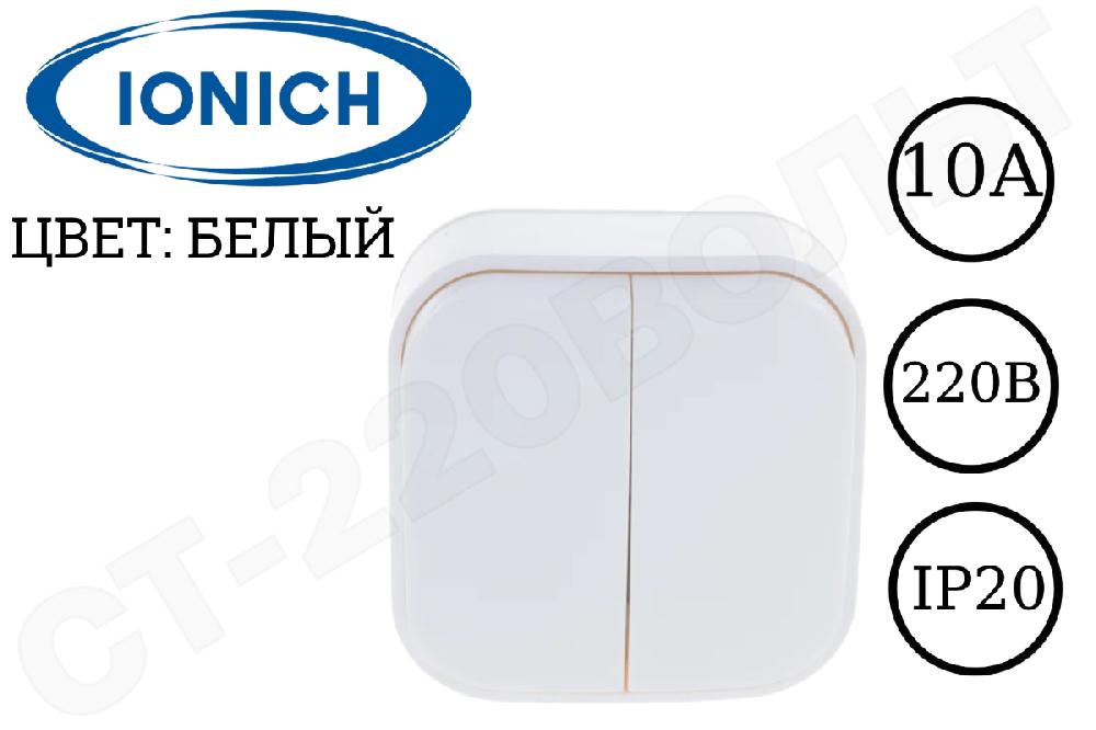 Выключатель двойной 2-м накладной Белый 10А 250В ОП IP20 наружный изолированная пластина двухклавишный IONICH 1413