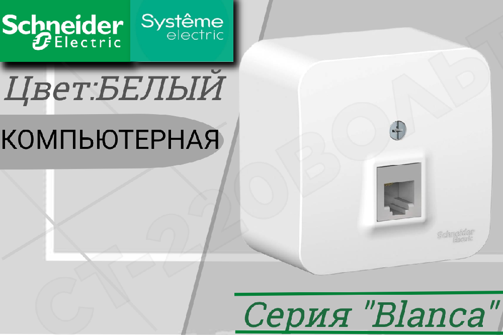 Розетка компьютерная одинарная 1-м накладная Белая BLANCA RJ45 кат.5E одинарная ОП IP20 изолированная пластина Schneider Electric BLNIA045001