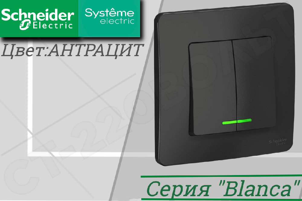 Выключатель 2-кл. СП BLANCA (сх.5) 10А 250В с подсветкой антрацит SchE BLNVS010516