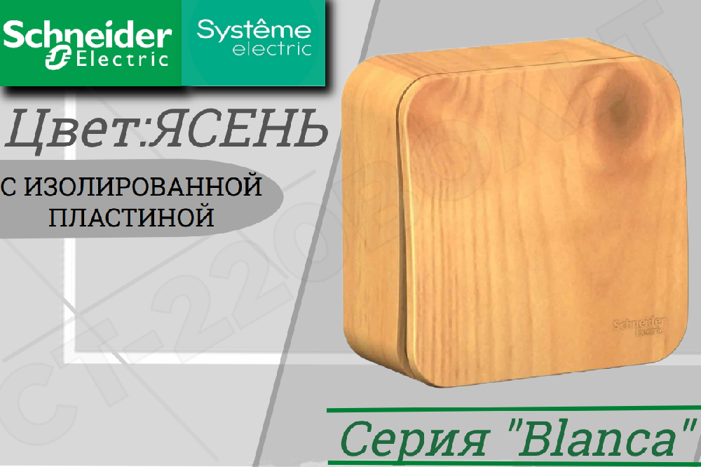 Выключатель одноклавишный 1-м накладной дерево Ясень BLANCA 10А ОП IP20 наружный изолированная пластина Schneider Electric BLNVA101015