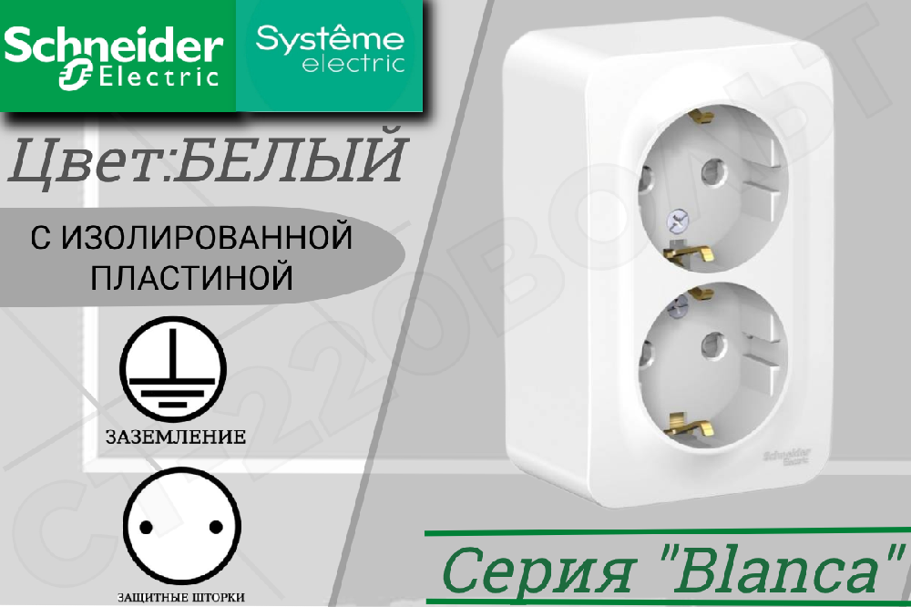 Розетка двойная 2-м накладная с заземлением Белая BLANCA защитные шторки 16А 250В ОП изолированная пластина Schneider Electric BLNRA011211