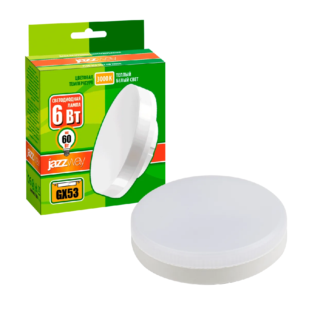 Лампа светодиодная PLED-ECO-GX53 6Вт таблетка 3000К frost тепл. бел. GX53 460лм 230В JazzWay 2851987