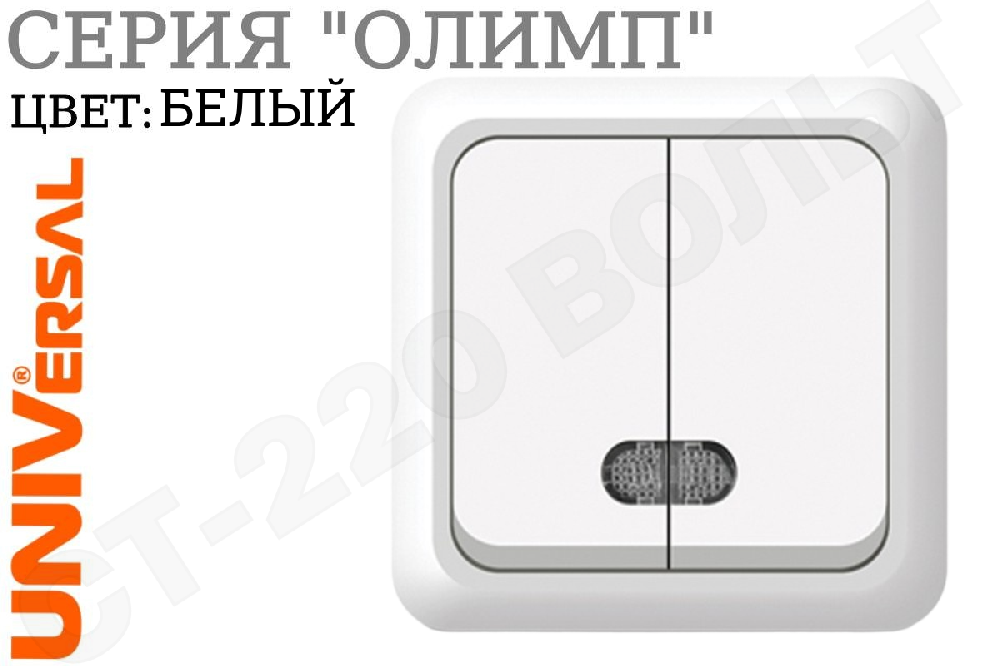 Выключатель двойной с подсветкой 2-м накладной Белый серия Олимп в сборе 10А ОП IP20 наружный изолированная пластина двухклавишный Universal О0123