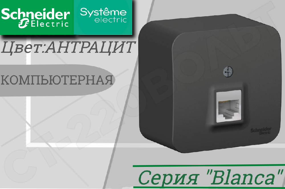 Розетка компьютерная одинарная 1-м накладная Антрацит BLANCA RJ45 кат.5E одинарная ОП IP20 изолированная пластина Schneider Electric BLNIA045006