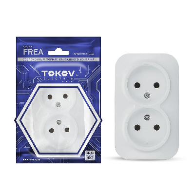 Розетка двойная 2-м накладная Белая Frea 16А 250В ОП изолированная пластина TOKOV ELECTRIC TKE-FR-R2-C01