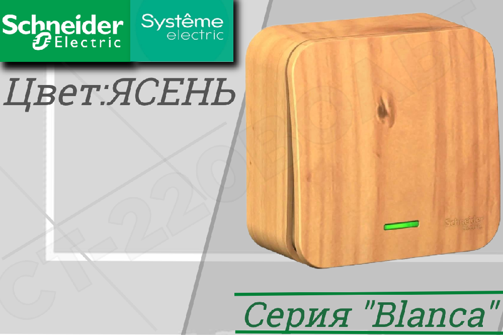 Выключатель одноклавишный 1-м с подсветкой накладной дерево Ясень BLANCA 10А ОП IP20 наружный изолированная пластина Schneider Electric BLNVA101115
