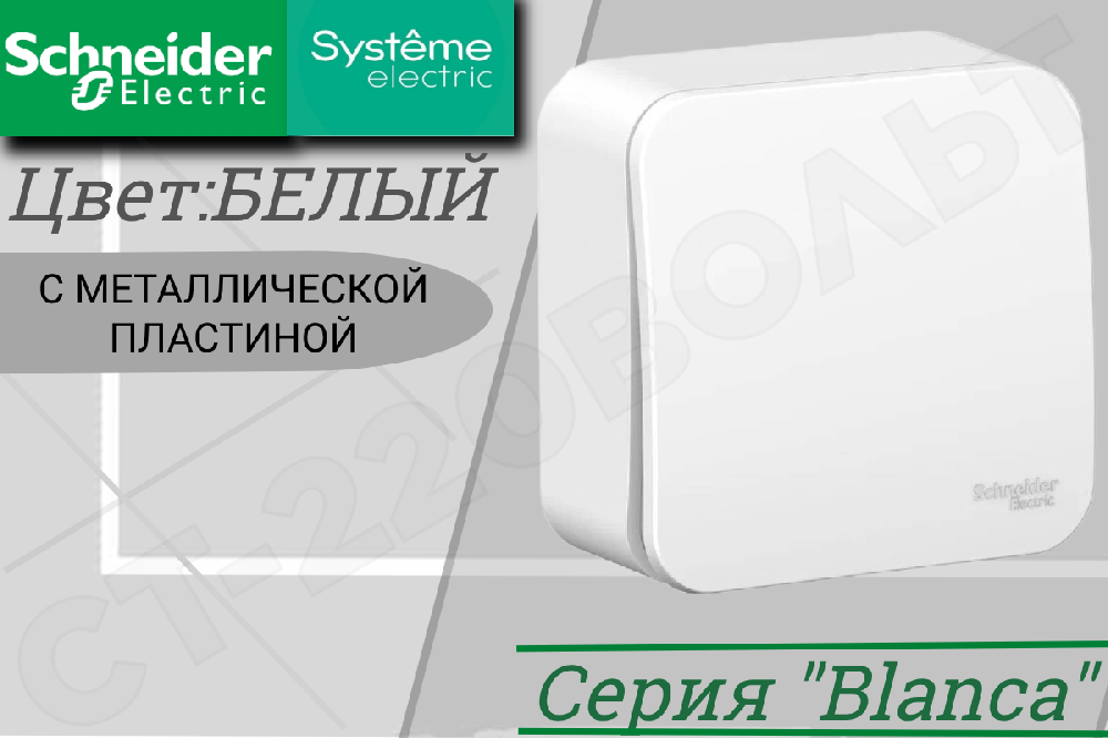 Выключатель одноклавишный 1-м накладной Белый серия BLANCA в сборе 10А ОП IP20 наружный металлическая изолированная пластина Schneider Electric BLNVA101021