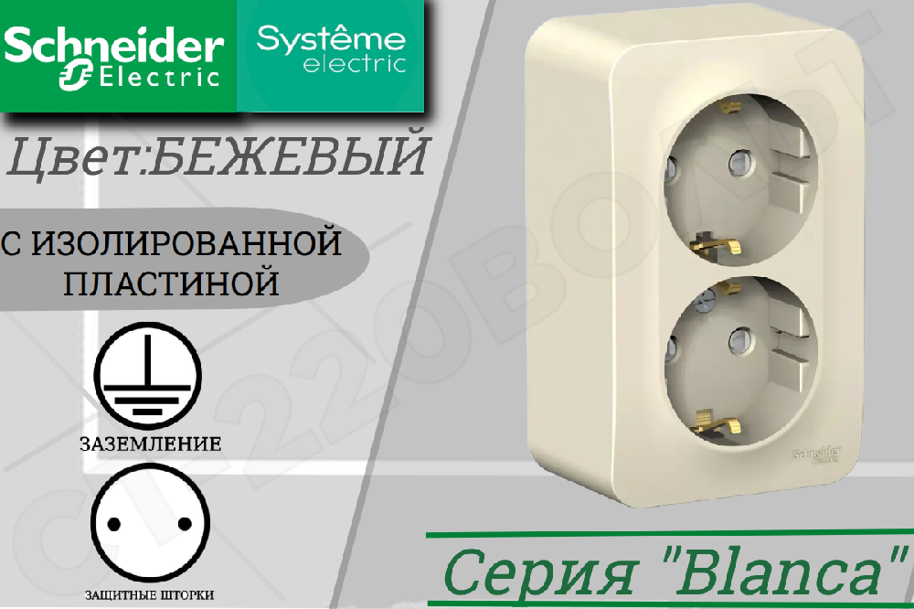 Розетка двойная 2-м накладная с заземлением Бежевая BLANCA защитные шторки 16А 250В ОП изолированная пластина Schneider Electric BLNRA011217