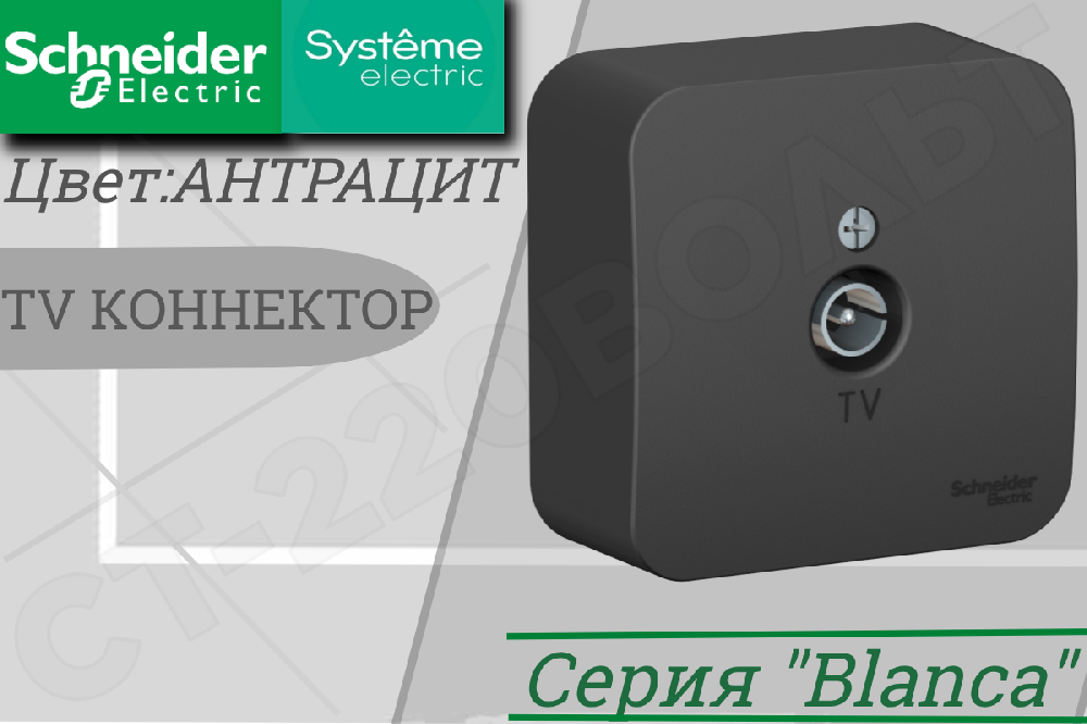 Розетка телевизионная TV одинарная 1-м накладная Антрацит BLANCA Коннектор одинарная ОП IP20 изолированная пластина Schneider Electric BLNTA000016